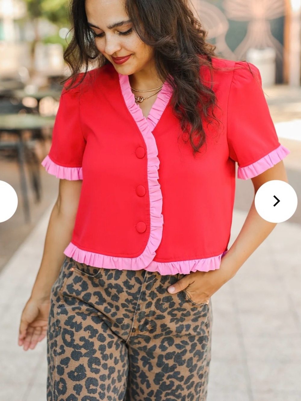 Amazon Red Short-Sleeve Button Front Top with Pink Ruffle Trim